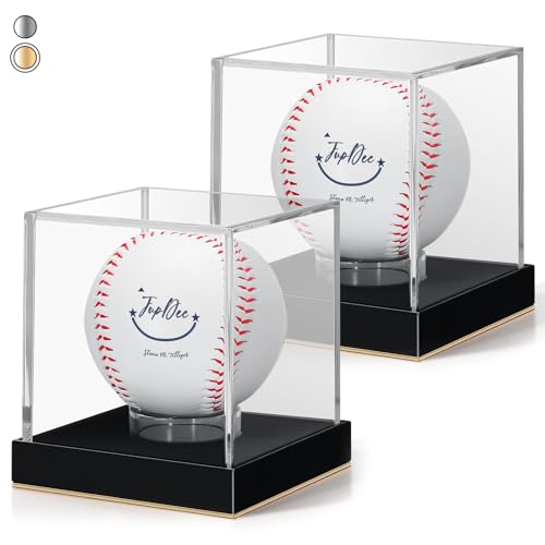Image of JupDec Baseball Display Case for Single Autograph Ball, Clear Acrylic Cube Baseball Holder with Velvet Interior, UV Protected Stand Box with Durable Base, Ideal Gift for Sports Fans, Gold, 2 Pack