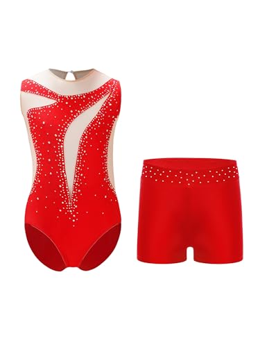 YEAHDOR Niñas Niños Traje de Danza Gimnasia Patinaje con Leotard de Punteado y Shorts de Cristales Brillantes Rojo 7-8 años