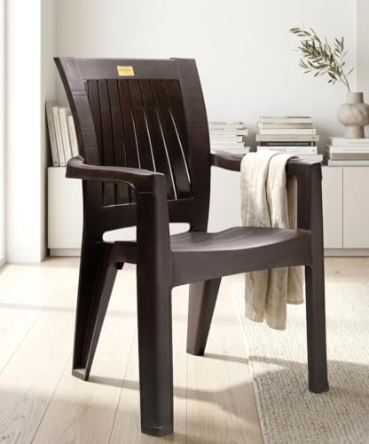 Image of Patiofy Plastic Arm Chair for Living Room, Heavy Duty Plastic Chair for Home and Outdoor, Solid Back Support, Comfortable Seating with Arm Support, 200 Kg Capacity (Rolex Brown- Set of 1)