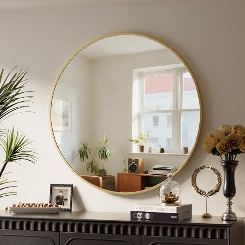 BEAUTYPEAK 46 cm Runder Spiegel, Bruchsicherer Wandspiegel mit Aluminiumrahmen, Badezimmer Spiegel zum Aufhängen und Anlehnen, Rund Wandspiegel für...