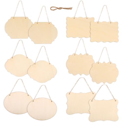 12Pcs Unfinished Hanging Wood Sign Blank with Ropes Rectangle Shaped Wood Plaques for Carfts 6 Shapes of Signs Plaques 4.3 x 6.7 in Plain Hanging Craft Door Signs DIY Painting Home Decorations