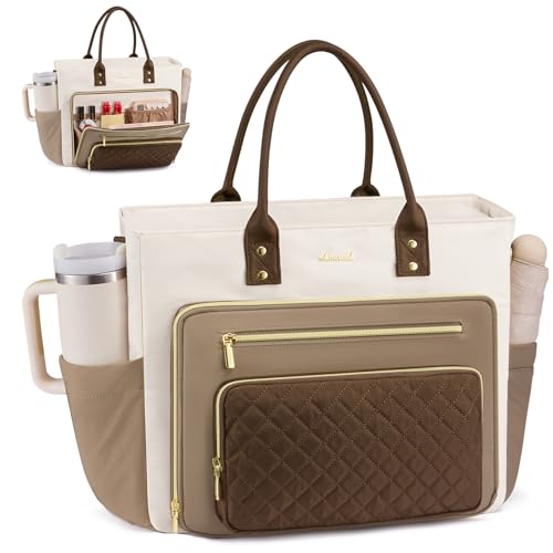 Image of LOVEVOOK Teacher Tote Bag for Women Work, Laptop Bag With Large Cup Holder, Nurse Bags Professional Briefcase Business Computer Purses Handbag Gifts,Khaki-Beige-Coffee,15.6 Inch