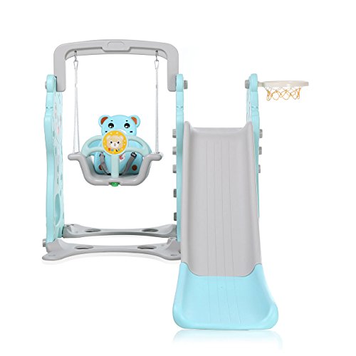 Baby Vivo Kinderschaukel Schaukelgerüst Gartenschaukel mit Rutsche Kinder Indoor Outdoor in Grün/Grau - 4
