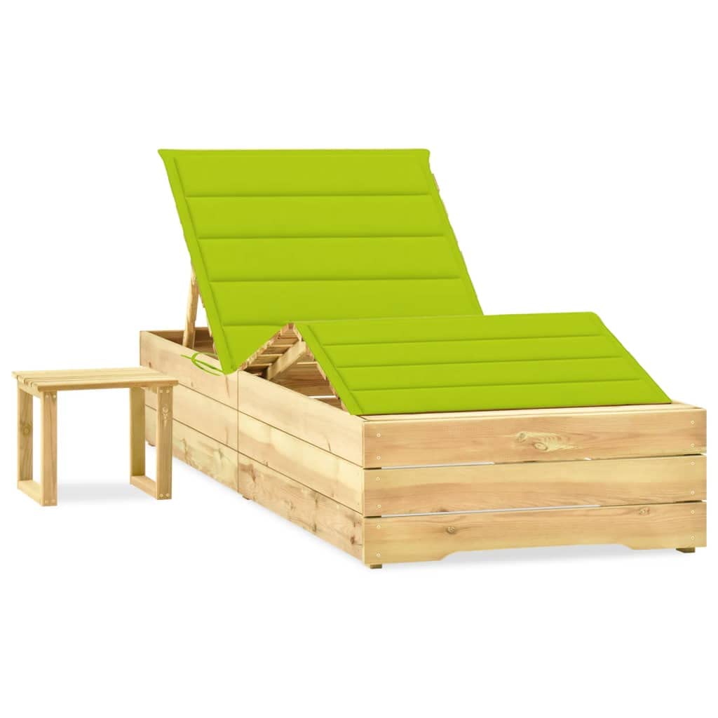 Leżak ogrodowy z drewna sosnowego ze stołem i nakładką, regulowane oparcie i podnóżek, 198 x 90 cm, na taras, balkon, basen i do rekreacji na świeżym powietrzu