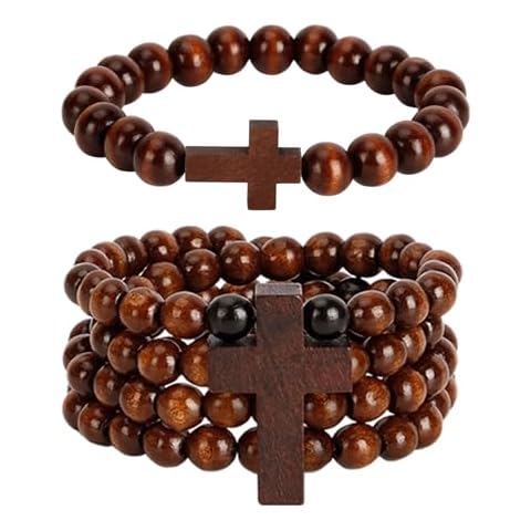 VZCBZC 2PC Classic Natural Wooden Cross Necklace for Men,Bead Cross Bracelet Cross Necklace Handmade Christian Cross Prayer Jewelry Gift for Women Men Cover