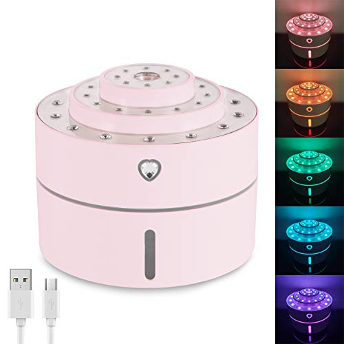 Novovo Rechargeable Mini Humidifier with 7 Color Night Light and 2 Mist Modes, USB Operated Small Cool Mist Humidifier Portable, 1200mAh Built-in Battery, 260ml, Auto Shut-Off (Pink)