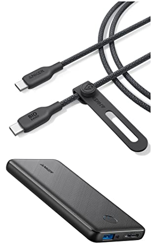 Anker 543 USB C to USB C Cable (140W, 6ft), USB 2.0 Bio-Nylon Charging Cable & Anker Portable Charger, 313 Power Bank (PowerCore Slim 10K) 10000mAh Battery Pack with PowerIQ Charging Technology