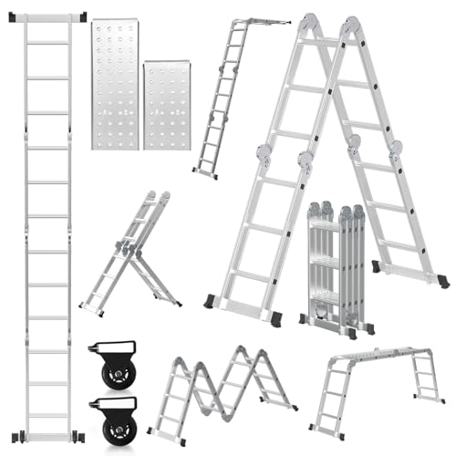 Cecaylie Escalera multiusos de aluminio de 4 x 3 peldaños, 360 cm, 7 en 1, con plataforma, escalera con 2 placas de andamio, escalera multiusos plegable, 12 peldaños, color plateado