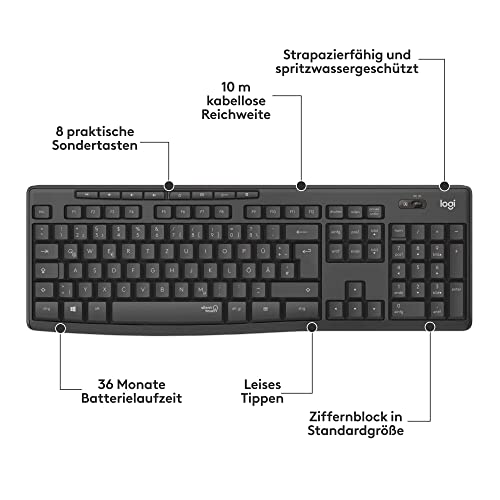 Logitech MK295 kabelloses Tastatur-Maus-Set mit SilentTouch-Technologie, Shortcut-Tasten, optischer Spurführung, Nano USB-Empfänger, verzögerungsfreier Drahtlosverbindung, QWERTZ layout - Graphit, PC – Bild 6