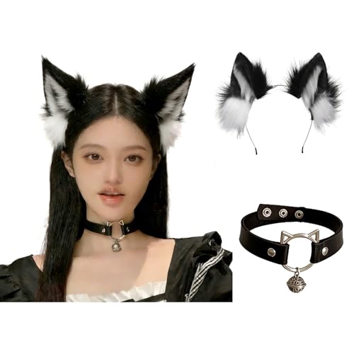 Handmade Faux Fur Cat Ear Headband and Black Bell Cosplay Hair Accessories Animal Ear Headband Costume Accessory Fluffy Foxes Ears Hairband for Halloween Cosplay Accessories (Black and White)