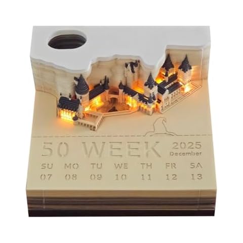 KKwercv 3D Calendar 2025 Memo Pad,Weekly Calendar Notepad with Light,Creative Desk Calendar DIY Paper Carving Art Craft,Tear Off Paper Reveal Magic Castle on-Sticky Note Pad DIY Creative Gift Cover