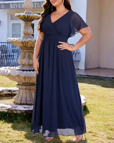 Plus Size Formal Dresses - V Neck Flutter Sleeve Glitter Prom Evening Gowns Wedding Guest Chiffon Long Maxi Dress2