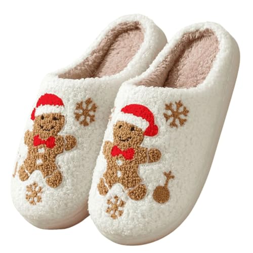 Cute Christmas Slippers for Women & Men Plush Fuzzy Holiday House Slippers Warm Cozy Family Matching Slippers Non-Slip Sole Great Christmas Gift (GingerbreadMan-Snow US Adult Women 5.5 Numeric Range US Footwear Size System 6 Medium)