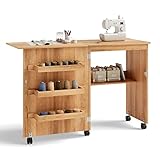 Giantex Folding Sewing Craft Table, Sewing Cabinet with 3 Storage Bins and Shelf, Rolling Craft Station Sewing Machine Work Desk with Lockable Wheels for Apartment Small Spaces, Light Brown