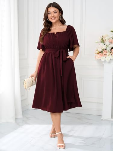 Image of Women Plus Size Cocktail Dress Short Sleeve Square Neck Belted Elegant Flowy A Line Midi Dresses with Pockets