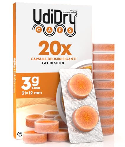 20 Capsule Essiccanti per Apparecchi Acustici UdiDry Caps 3g 31mm Contro l'Umidità con Indicatore di Colore - Capsule Deumidificanti con Gel di Silice Assorbi Umidità di Alta Qualità per Asciugatura