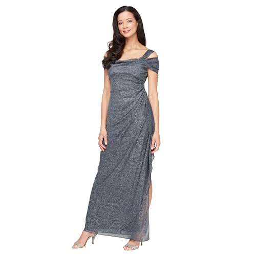 Image of Alex Evenings Women's Long Cold Shoulder Dress, Mother of The Bride, Formal Events, Smoke Glitter, 8 Petite