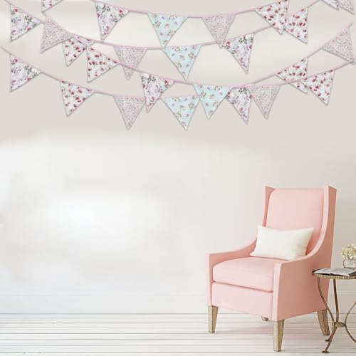 Image of Zwiebeco 32Ft Vintage Pink Blue Floral Fabric Bunting Triangle Flags Cotton Retro Flowers Pennant Banner Party Decorations for Birthday Wedding Engagement Spring Rustic Village Home Garden Decor