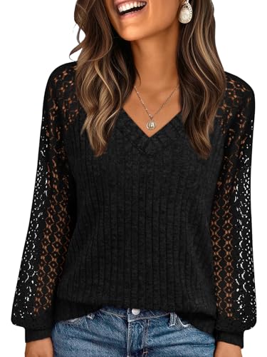 AUTOMET Women Summer Tops Spring Fashion 2026 Lace Long Sleeve Shirts Fall Sweaters Dressy Casual Tunic Blouse Work Clothing Black M