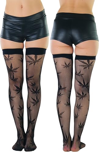 Image of ToBeInStyle Women's Thigh High Stockings Bodystocking Tights Medicinal Cannabis Marijuana Weed Leaf Print Festival Hosiery