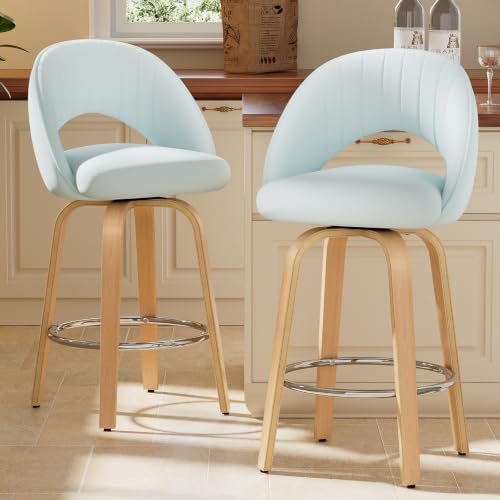 26 Inch Swivel Bar Stools Set of 2, Counter Height Bar Chairs for Kitchen, Velvet Fabric Island Chairs with Back, Thickened Cushion, Wood-Frame, Automatic Seat-Return to Center, Baby Blue