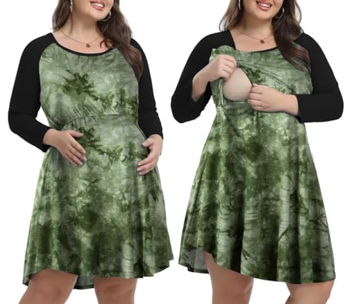 Image of MONNURO Women's Plus Size Nursing Dress Color Block Labor Delivery Maternity Nightgown Dress for Breastfeeding