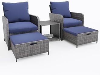 UDPATIO Wicker Patio Chairs with Ottoman Balcony Furniture 5 Pieces Patio Conversation Set for Small Space