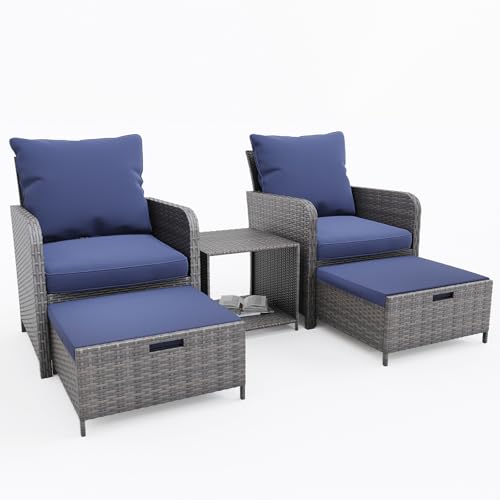 UDPATIO Wicker Patio Chairs with Ottoman Balcony Furniture 5 Pieces Patio Conversation Set for Small Space