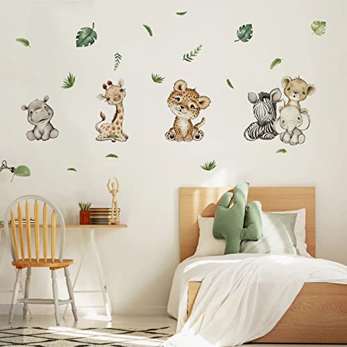 Yovkky Watercolor Baby Safari Animals Wall Decals Stickers, African Jungle Elephant Zebra Giraffe Hippo Lion Leopard Cheetah Kids Room Nursery Decor, Neutral Palm Leaf Crib Decorations Bedroom Art #TOP4