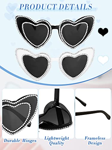 Konohan 2 Pairs Bride and Groom Heart Sunglasses Wedding Rhinestones Sunglasses Couple Gifts for Bridal Bachelorette Party(Black with Gray, White with Gray)2