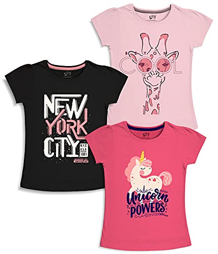 Image of minicult Girls Half sleeeves Cotton Tshirt with Cute Prints and Colorfull (Unicorn)(Pack of 3)
