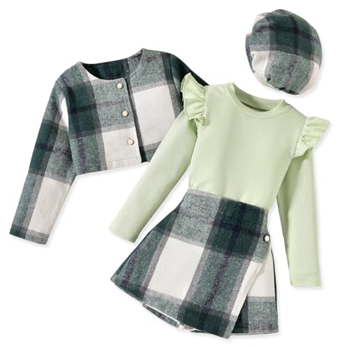 Image of HINTINA Toddler Girl 4 Pieces Outfits Ruffles Long Sleeve Tops Plaid Skirt Jacket And Hat Fall Winter Clothes Set