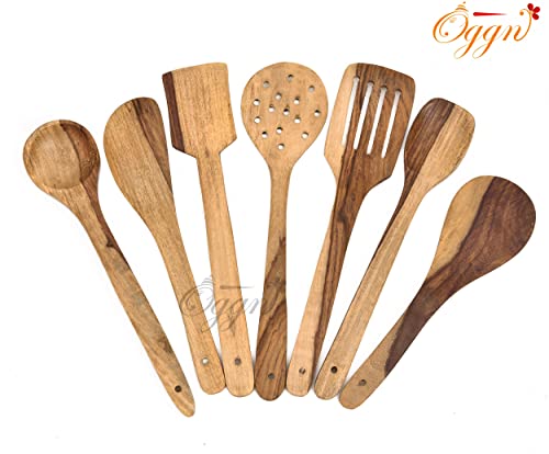 Image of Sanjeev Kapoor by OGGN Mango Wood Serving & Cooking Spoon Set of 7, Handmade Wooden Spatula Set for Cooking, Non Stick Kitchen Tools, Turner, Ladle, Pasta & Frying Spoon, Natural Cookware