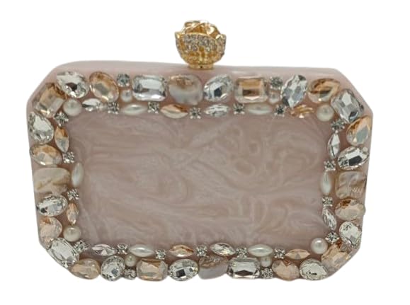 Evening Clutch Handbag with Crystal Pearl Embellishments, Pink Marble Pattern, Gold Crown Clasp-image-23