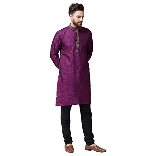 Image of SOJANYA (Since 1958 Mens Maroon Jacquard Silk Kurta and Black Churidaar Pyjama Set