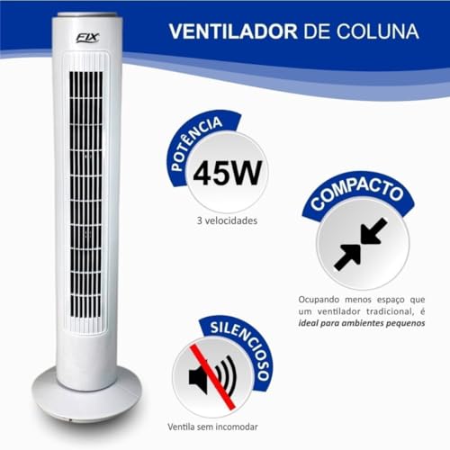 Circulador de Ar Silencioso Ventilador Torre Coluna Giratória 3 Velocidades (220, Volts)