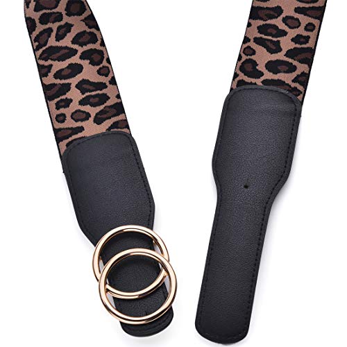 Beltox Women’s Elastic Stretch Wide Waist Belts W Double Rings Gold/Silver Buckle (Leopard W Gold Buckle, Xs-L(27-35 Inch Stretch Range)) #TOP2