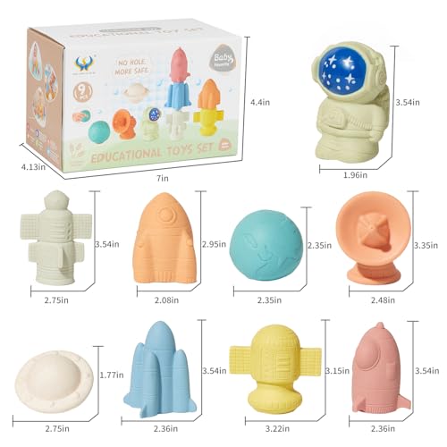 Image of AMCHSURI Mold-Free & No Holes Bath Toys 9 Pack | Safe Astronaut & Rocket Ship Toys for Babies 6-12M & Toddlers 1-3Y | Bathtub Pool Float Toys for Boys Girls