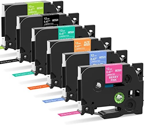 Replacement for Brother P-Touch Label Maker Tape TZe 12mm 0.47 Ribbon Laminated TZ Colored Refills Compatible with Brother P Touch PT-D210 D220 H110 1000 1280 D400 Cube, 1/2" x 26.2', 6 Pack