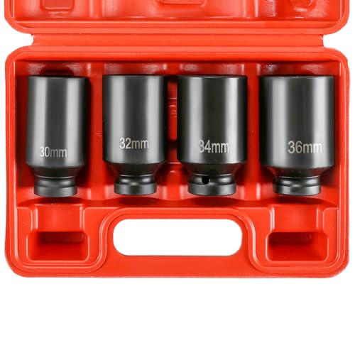 NYXOVA 1/2 Drive Deep Spindle Axle Nut Impact Socket Set 12 Point Metric 30mm 32mm 34mm 36mm Drive Spindle Axle Hub Nut Socket Set CR-MO 4-Piece 1/2 Heavy Duty Impact Socket Set