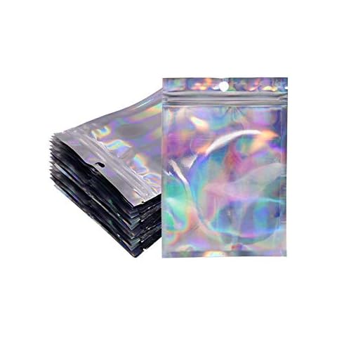100pcs Holographic Mylar Zip Lock Bags Resealable 10.4 x 14.9 cm, Sealable Foil Sample Pouch Gift Baggies for Candy Snack Jewelry Lash Lip Gloss Cover