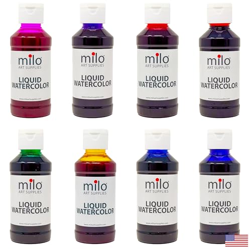 milo Liquid Watercolor Paint Set of 8 Colors | 4 oz Bottles | Washable, Safe and Non-Toxic | Made in USA | Art & Craft Paints for Kids, School Supplies Painting Set for Children | Easy to Pour Fluid Bottles