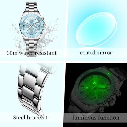 Image of OLEVS Women Dress Watch, Two Tone Diamond Quartz Wrist Watch, Stainless Steel Waterproof Luminous Day Date Ladies Chronograph Gift Watch