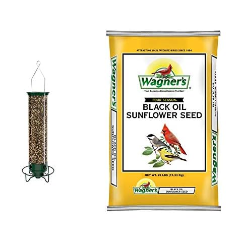 Droll Yankees YF-M Yankee Flipper Squirrel-Proof Wild Bird Feeder with Weight Activated Rotating Perch - 5Lbs Seed Capacity and Wagner's 76027 Black Oil Sunflower Wild Bird Food, 25-Pound Bag Cover