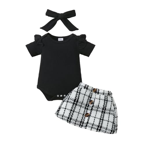BULINGNA Newborn Infant Baby Girl Summer Clothes Ruffle Short Sleeve Ribbed Romper Plaid Tweed Pattern Skirt with Headband (Black, 0-3 Months)