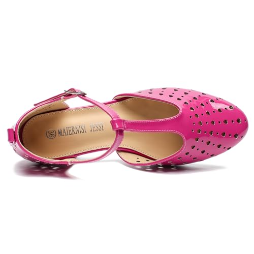 Image of MAIERNISI JESSI Women's T-Strap Mary Jane Pumps, Low Block Heel, Closed Toe, Buckle Ankle Strap