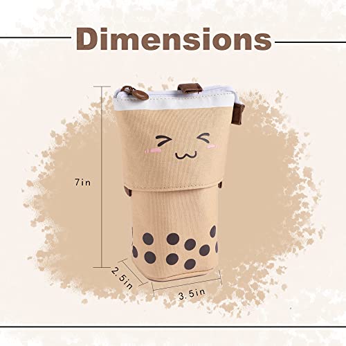 Image of FINEMOE Polyester Standing Pencil Case Cute Pencil Pouch For Girls & Boys - Korean Boba Pop Up Stationery Makeup Cosmetic Organizer Box, Pen Pencil Pouches (Brown)