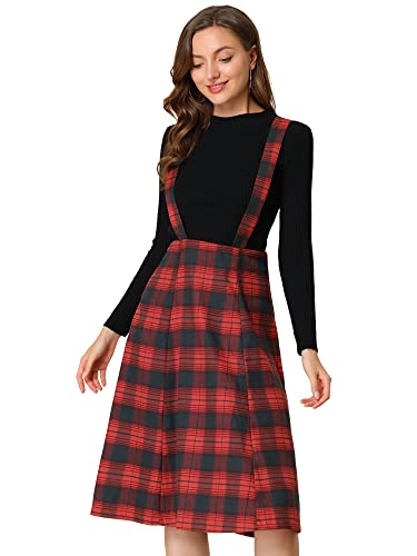 Allegra K Damen Vintage Plaid Overall Kleid A-Linie Tartan Strapse Midi Rock, rot kariert, 46