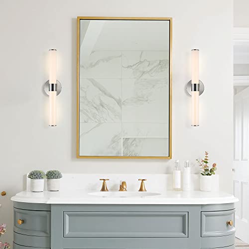 Image of JONATHAN Y 20.13 inch Nickel /White 1-Light Integrated LED Vanity Light, Mid-Century Modern Iron Sconce with Frosted Acrylic Shade, Dimmable Bathroom Light Fixture for Mirror, 3000K (JYL7119B)
