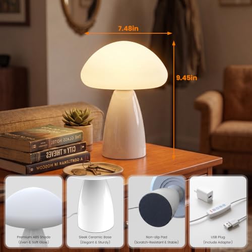 Myrauv Mushroom Lamp, 3 Color Modes Stepless Dimmable Table Lamp, Retro Ceramic Base Bedside Lamp, Decorative Lamp for Bedroom, Nursery, Nightstand (White) - image 7